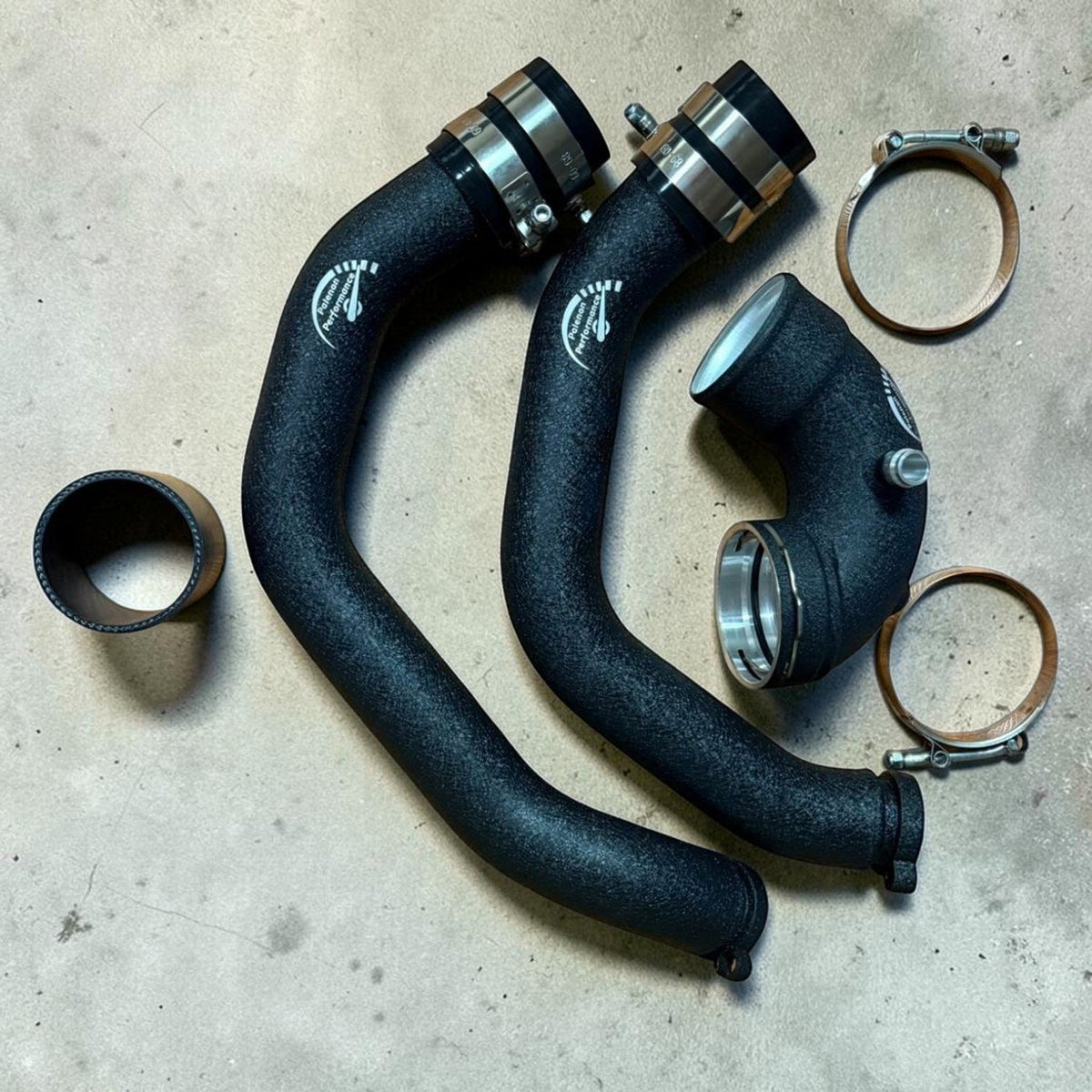 Aluminum S55 charge pipe upgrade for BMW F87 M2C, F80 M3, F82 M4 by Palenon Performance, showing the polished pipe and fittings.