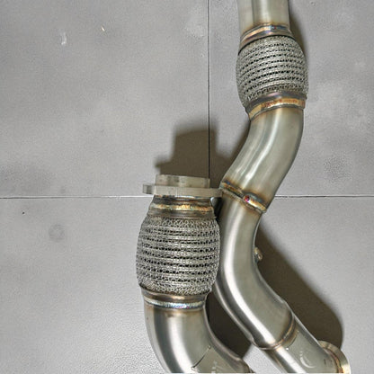 Palenon Performance S55 Racing Downpipe installed on BMW F80 M3, F82 M4, and F87 M2, showing the high-performance exhaust component.