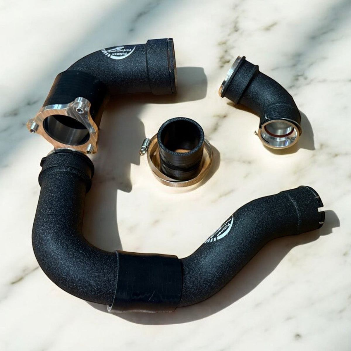 Aluminum S58 Charge Pipes for BMW G80 M3, G82 M4, G87 M2, F97 X3M, F98 X4M by Palenon Performance, close-up view.