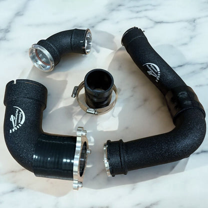 Aluminum S58 charge pipes by Palenon Performance for BMW G80 M3, G82 M4, G87 M2, F97 X3M, and F98 X4M engine upgrades.