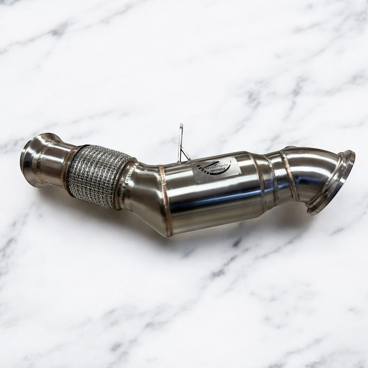 Stainless steel Palenon Performance B48 Downpipe for BMW 2 Series and X models, featuring racing design and exhaust connection.