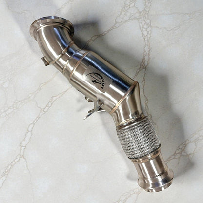 Palenon Performance stainless steel B48 downpipe for Supra 2.0T and BMW B46 B48 models, shown with polished finish and flanged connections.