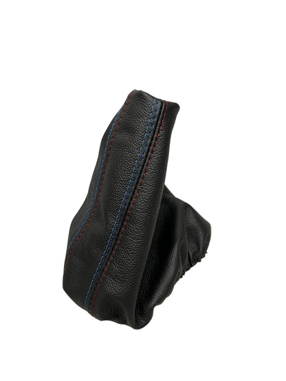 Leather console shift and parking brake boot cover for BMW E46, stitched handbrake and gear shift boot by JTS Custom Upholstery.