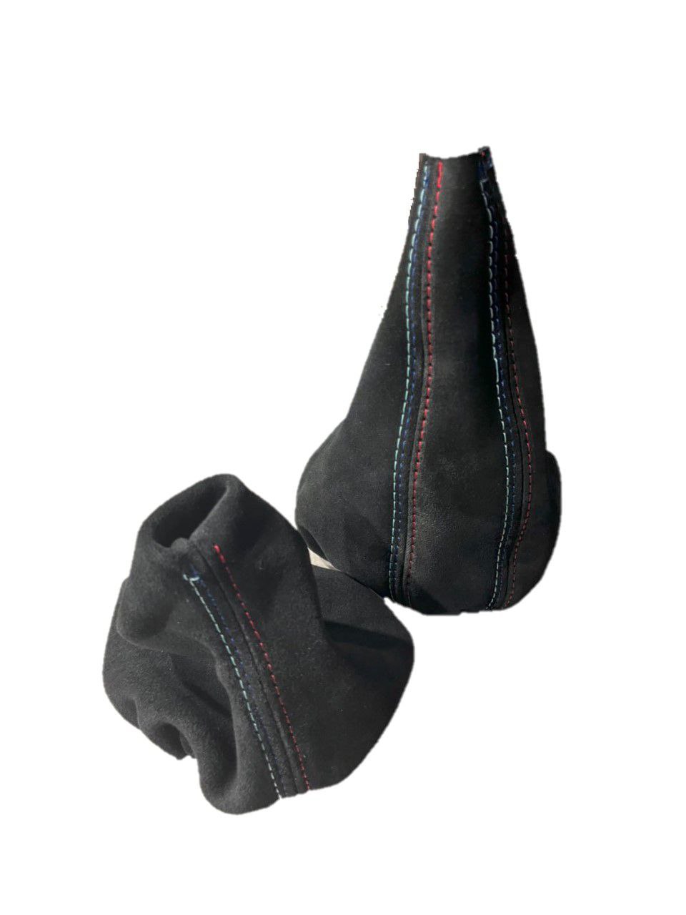 Black BMW E36 3 Series suede shift and parking brake boot cover by JTS Custom Upholstery, for manual transmission models.
