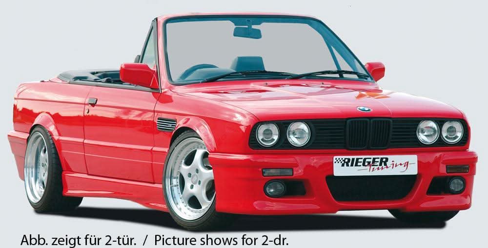 K2 Industries BMW E30 Sedan and Wagon Side Skirts V2, sleek black aerodynamic car body accessories on white background.