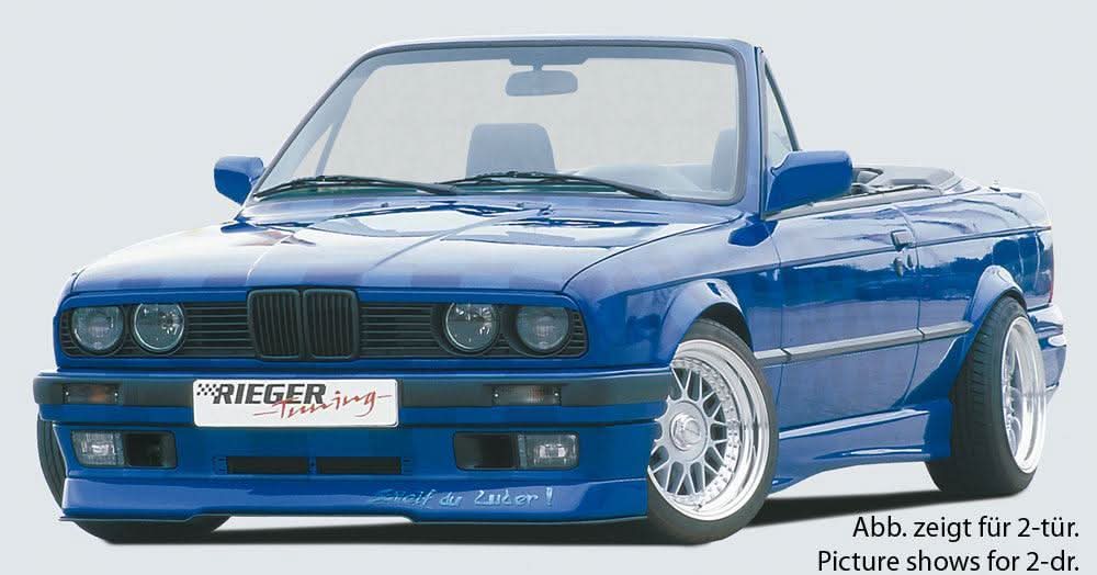 K2 Industries Rieger BMW E30 Sedan/Wagon Side Skirts V2 installed on vehicle, showcasing sleek automotive side panel enhancements.