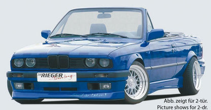 K2 Industries Rieger BMW E30 Sedan/Wagon Side Skirts V2 installed on vehicle, showcasing sleek automotive side panel enhancements.