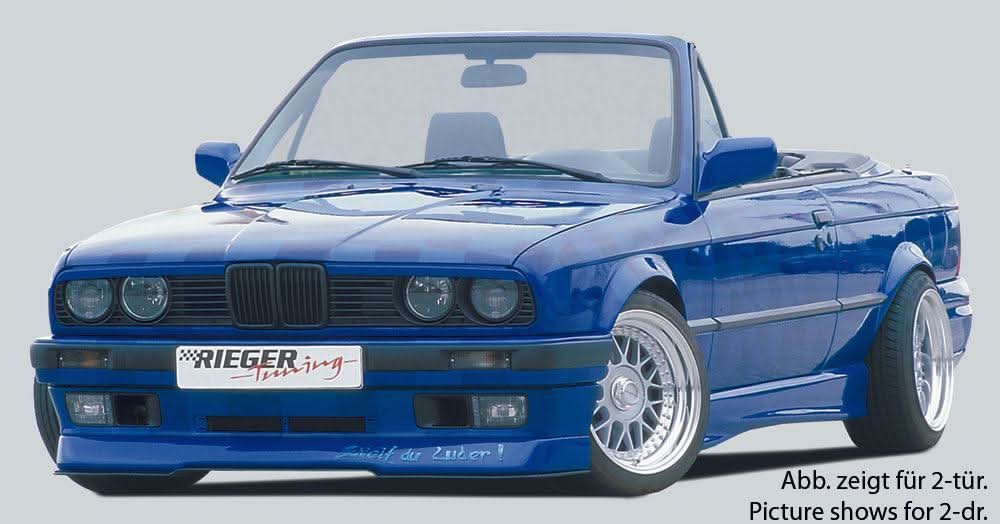 K2 Industries Rieger BMW E30 Sedan/Wagon Side Skirts V2 installed on car, showcasing sleek exterior enhancement and side profile detail.