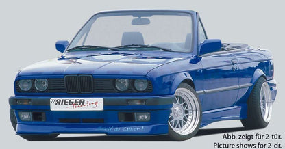 K2 Industries Rieger BMW E30 Sedan/Wagon Side Skirts V2 installed on car, showcasing sleek exterior enhancement and side profile detail.