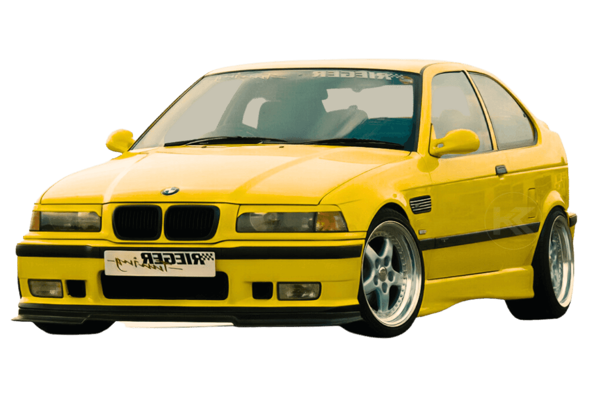 K2 Industries Rieger BMW E36 Compact Side Skirts V2 installed on a car, showcasing sleek, aerodynamic side skirts for BMW E36 Compact model.