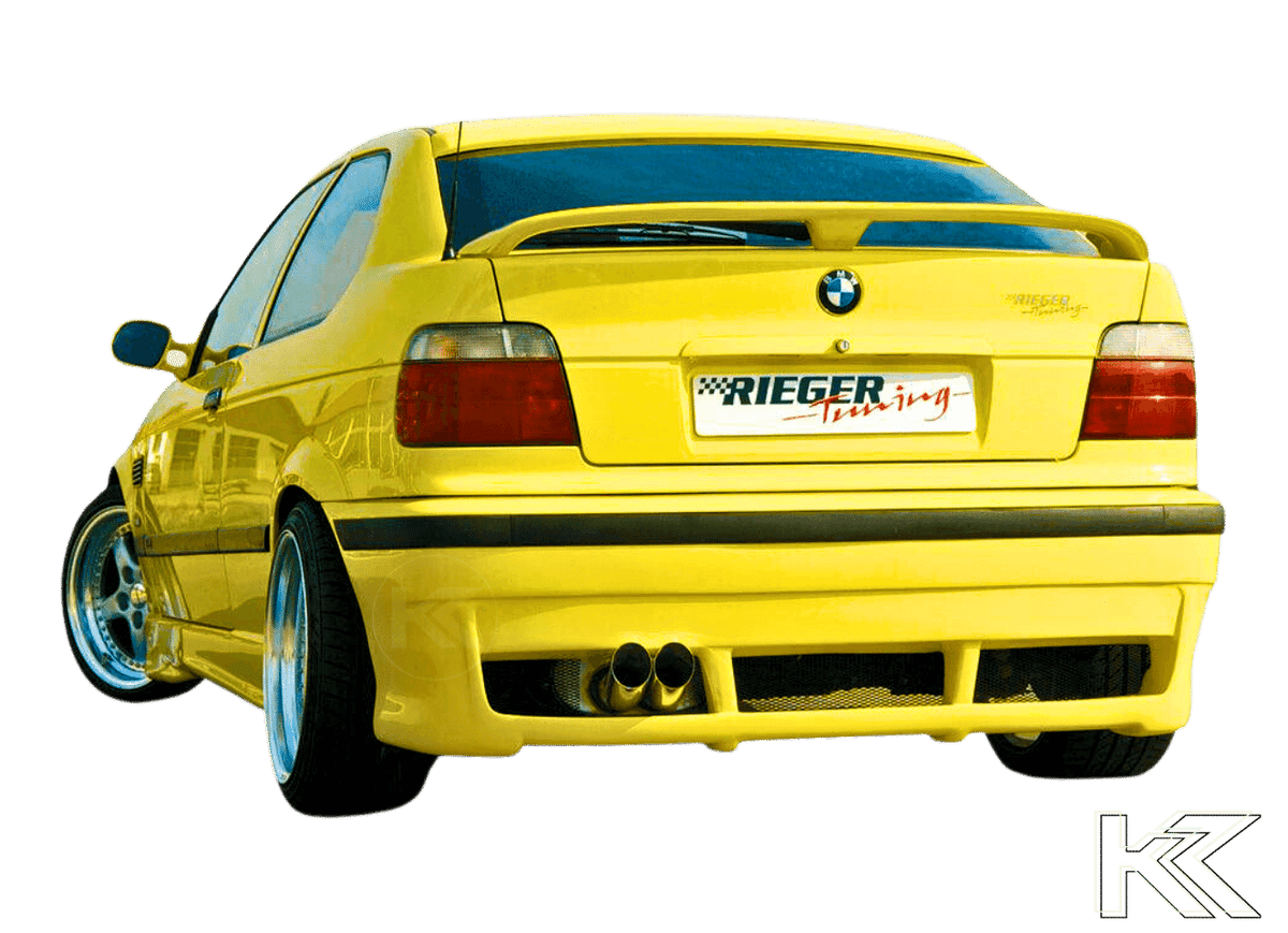K2 Industries BMW E36 Compact vented rear skirt extension side skirts, black automotive body kit, close-up view