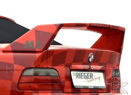 K2 Industries BMW E36 Coupe GT Wing spoiler with integrated third brake light, designed for enhanced aerodynamics and sporty appearance.
