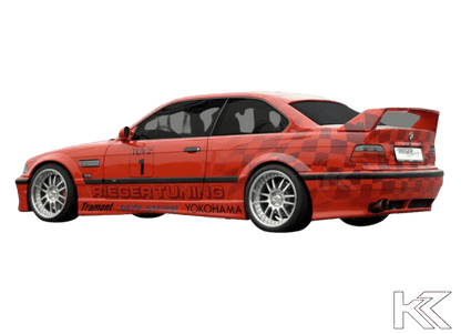 K2 Industries BMW E36 Coupe GT Wing spoiler with integrated 3rd brake light, designed for enhanced aerodynamics and sporty look.