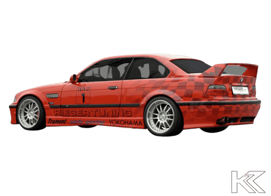 K2 Industries BMW E36 Coupe GT Wing spoiler with integrated 3rd brake light, designed for enhanced aerodynamics and sporty look.