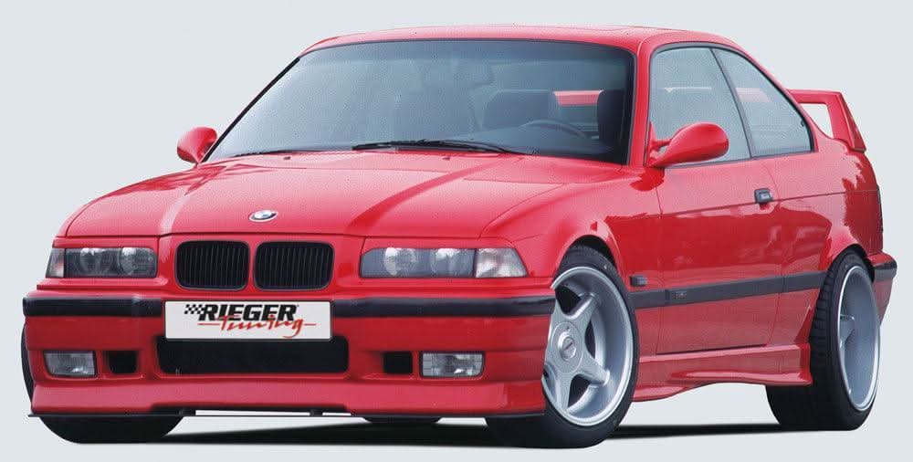K2 Industries Rieger BMW E36 Coupe/Convertible Side Skirts V2 installed on vehicle, showcasing sleek aerodynamic design.