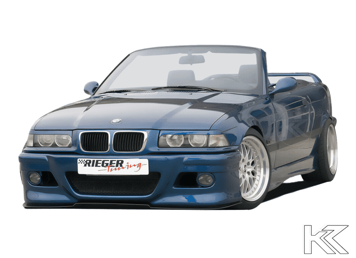 BMW E36 front bumper by K2 Industries in E46 style, showcasing the sleek, modern bumper design with mounting points and finish.