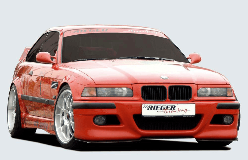 K2 Industries BMW E36 front bumper in E46 style, showing the sleek black bumper with integrated grille and mounting points.