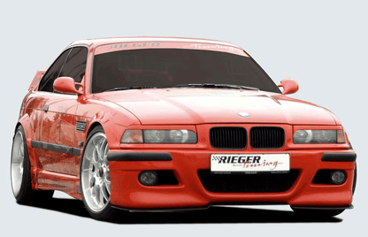K2 Industries BMW E36 front bumper in E46 style, showing the sleek black bumper with integrated grille and mounting points.