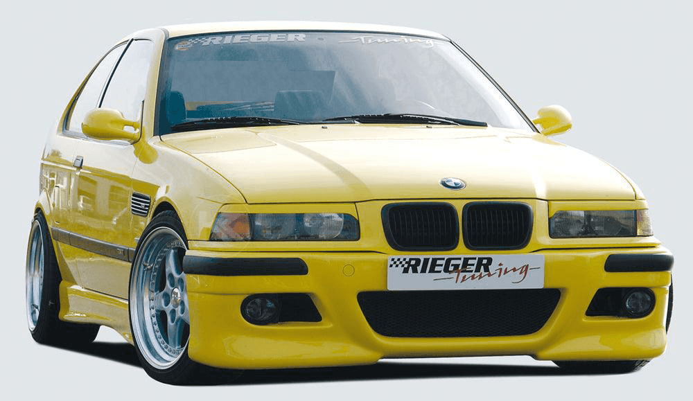BMW E36 front bumper by K2 Industries in E46 style, showing the sleek, aerodynamic design with integrated grille openings.