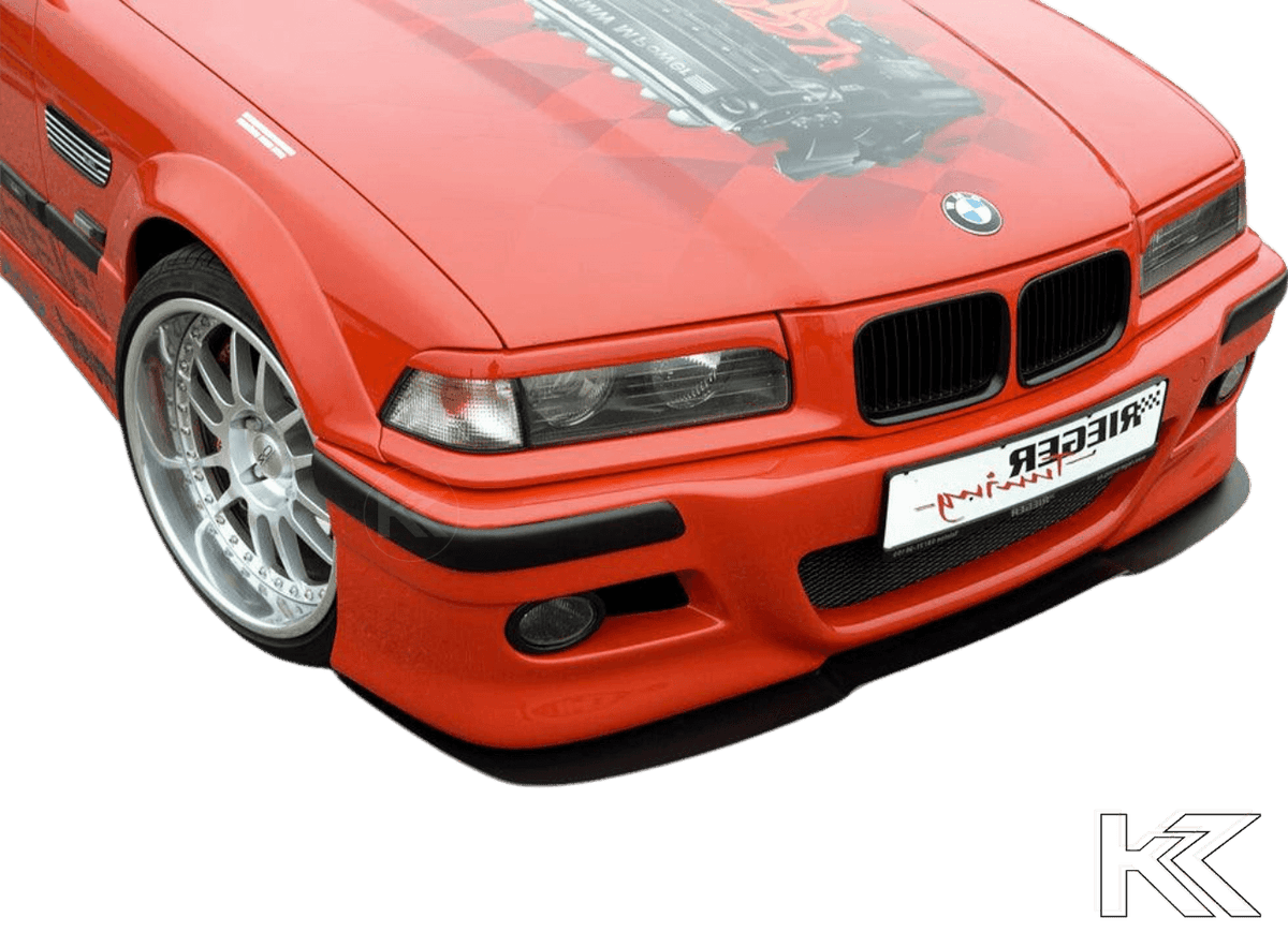K2 Industries BMW E36 front splitter for Rieger front bumper, aerodynamic front lip for improved styling and performance.
