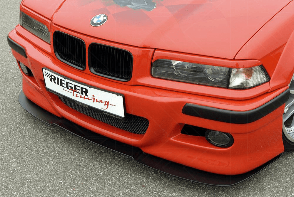 K2 Industries BMW E36 front splitter for Rieger front bumper, enhancing aerodynamics and sporty look on the vehicle.