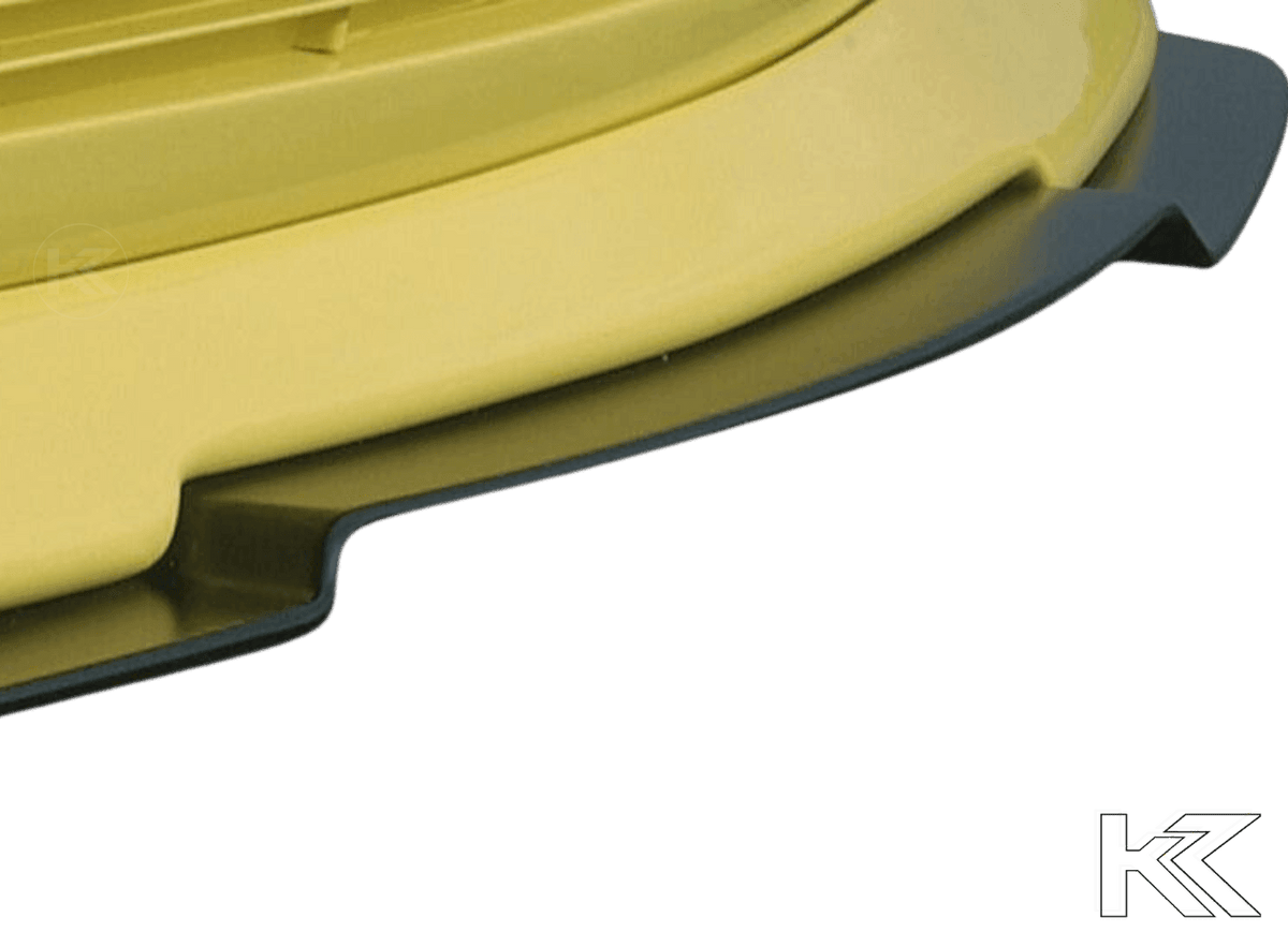 K2 Industries Rieger BMW E36 front splitter attached to Rieger front lip, enhancing aerodynamics and sporty look.