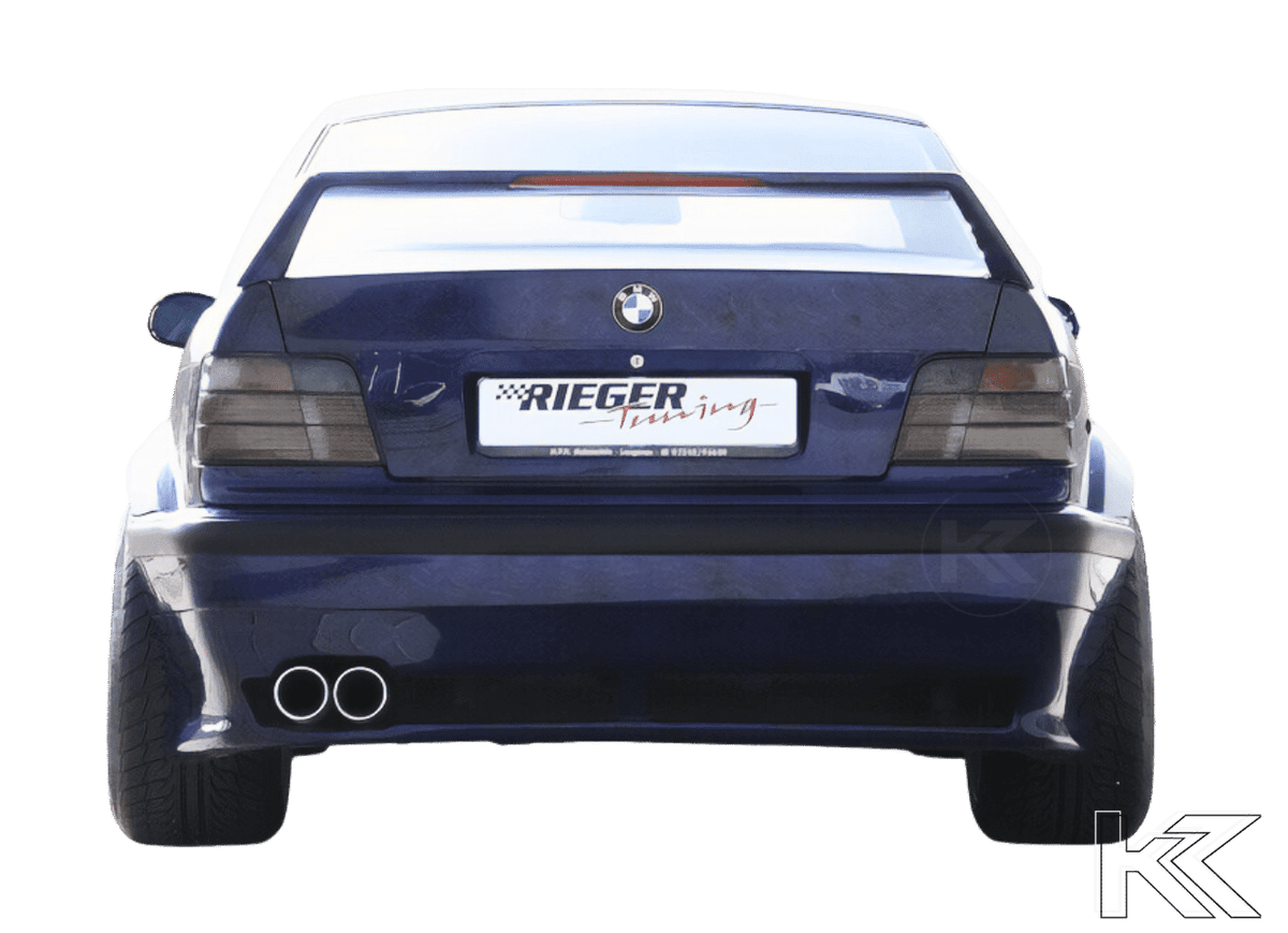 K2 Industries BMW E36 Sedan GT Wing spoiler without third brake light, rear view showing aerodynamic design and mounting points