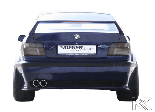 K2 Industries BMW E36 Sedan GT Wing spoiler without third brake light, rear view showing aerodynamic design and mounting points