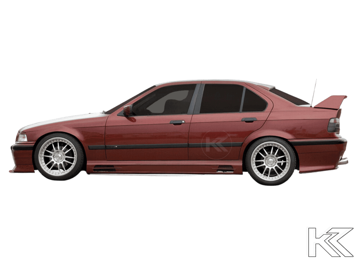 K2 Industries BMW E36 Sedan GT Wing spoiler without third brake light, designed for sporty exterior enhancement.