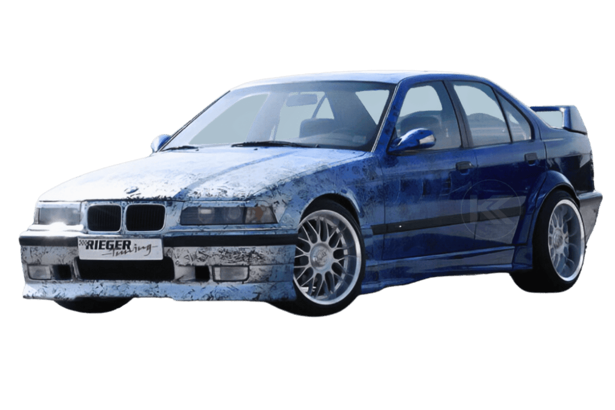 K2 Industries Rieger BMW E36 Sedan/Wagon Side Skirts V2 installed on vehicle, showcasing sleek automotive side panel enhancement.