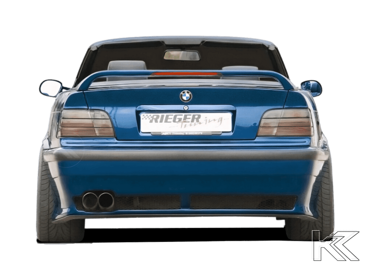 Vented rear bumper for BMW E36 by Rieger, made by K2 Industries, showing the black bumper with vented design and mounting points.
