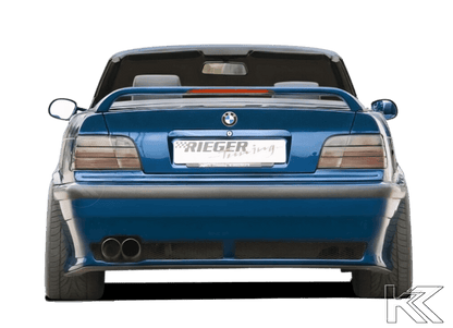 Vented rear bumper for BMW E36 by Rieger, made by K2 Industries, showing the black bumper with vented design and mounting points.
