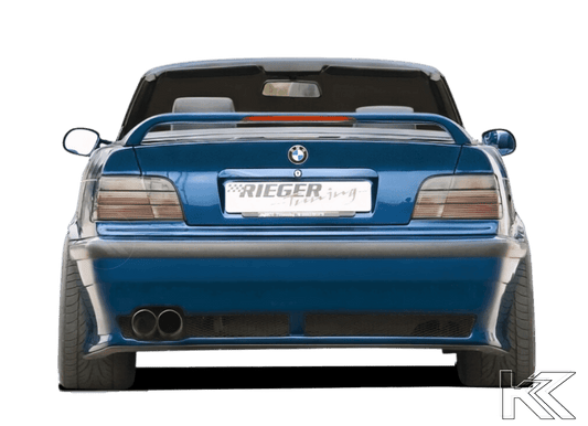 Vented rear bumper for BMW E36 by Rieger, made by K2 Industries, showing the black bumper with vented design and mounting points.