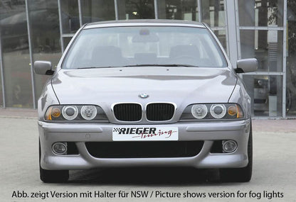 K2 Industries BMW E39 Sedan/Wagon front bumper, black replacement bumper for BMW E39 series, close-up view with mounting points visible.