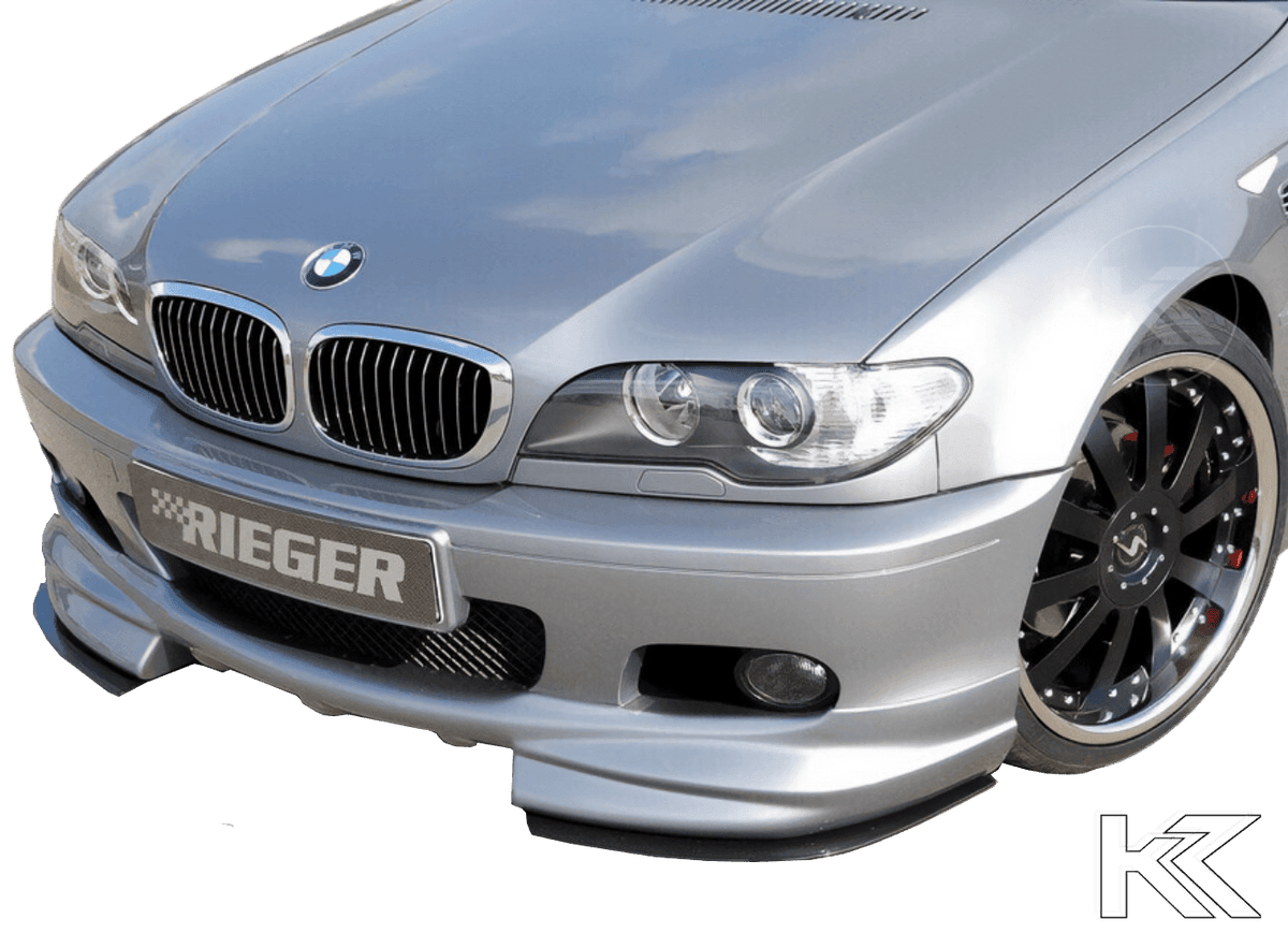 K2 Industries BMW E46 front splitter designed for Rieger front lip, enhancing sporty look and aerodynamics of the vehicle.