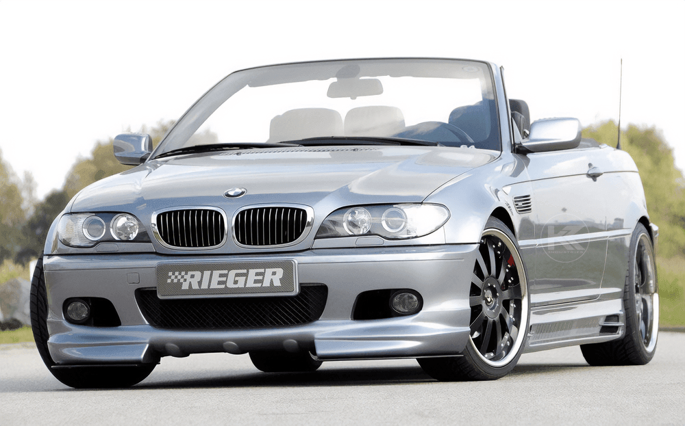 K2 Industries BMW E46 front splitter designed for Rieger front lip, enhances aerodynamic performance and aggressive styling.