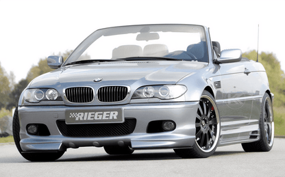 K2 Industries BMW E46 front splitter designed for Rieger front lip, enhances aerodynamic performance and aggressive styling.