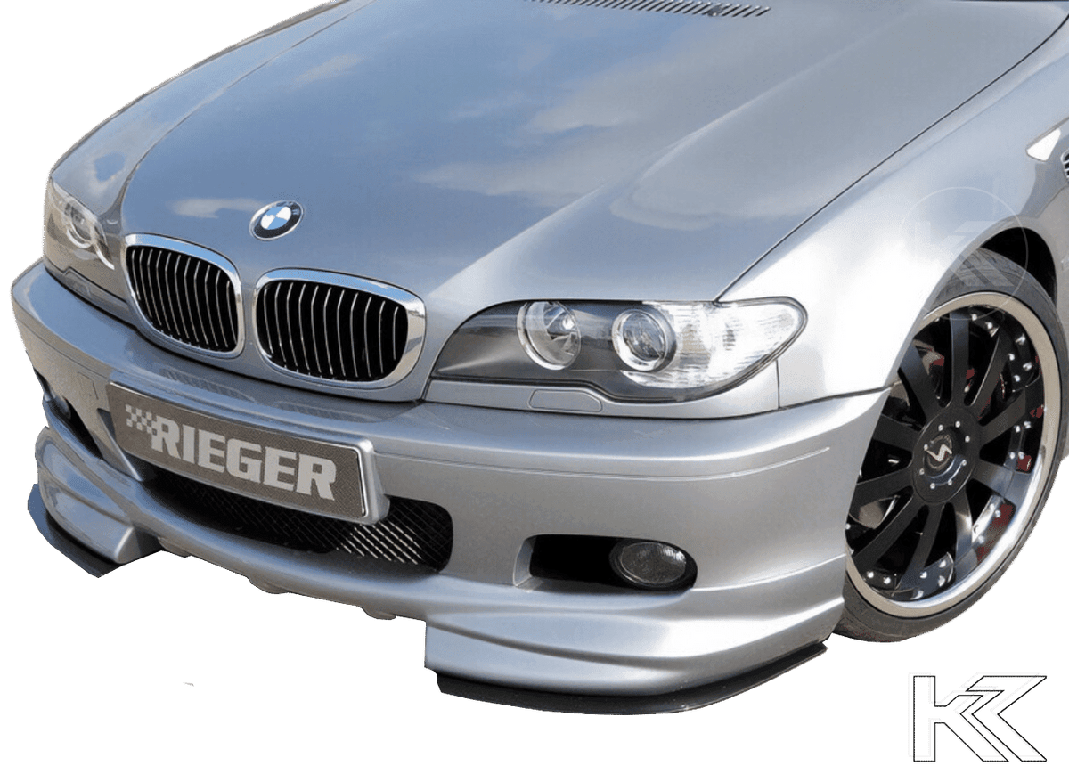 K2 Industries BMW E46 M Technic front lip spoiler mounted on car, showcasing sleek aerodynamic design for the front bumper.