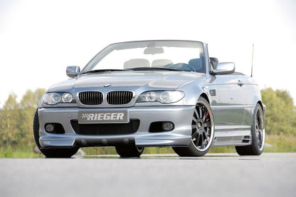 K2 Industries Rieger BMW E46 M Technic front lip spoiler installed on front of black BMW E46 M model.