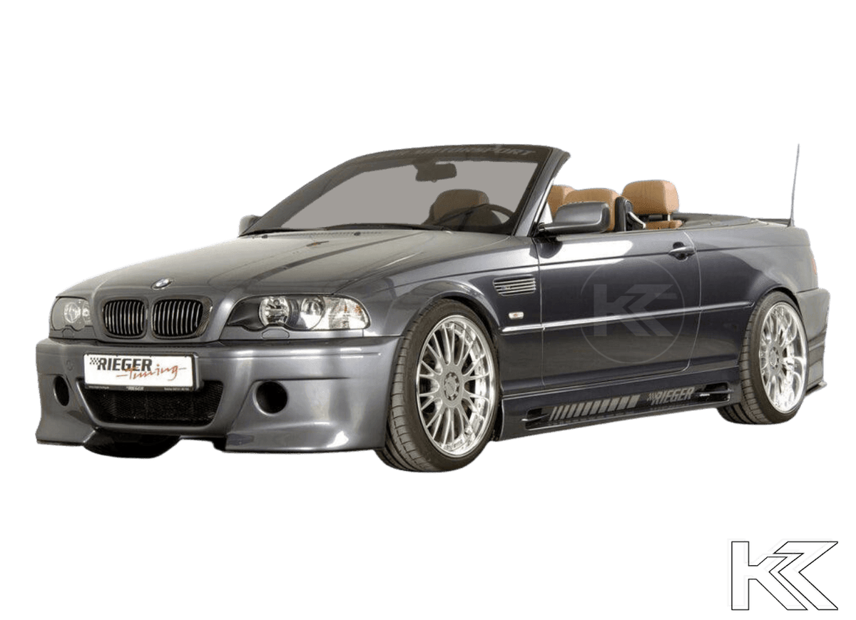 K2 Industries Rieger BMW E46 Pre-Facelift Coupe and Convertible CS-Look Front Bumper with aerodynamic design and mounting points.