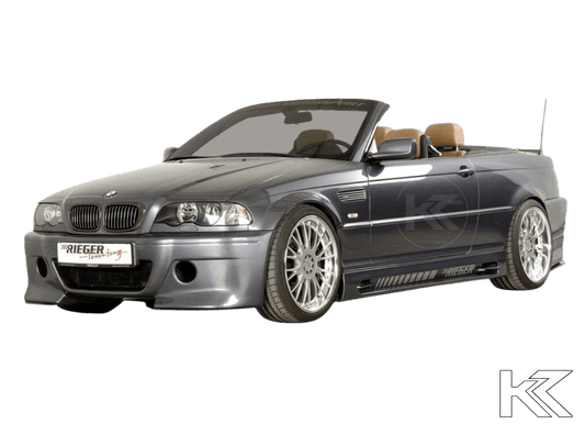K2 Industries Rieger BMW E46 Pre-Facelift Coupe and Convertible CS-Look Front Bumper with aerodynamic design and mounting points.