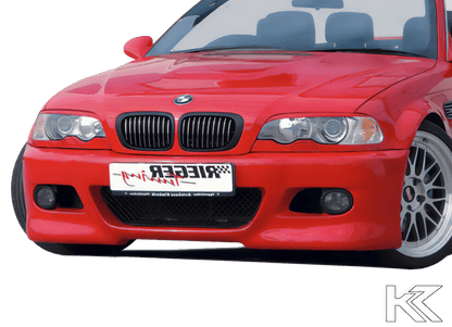 K2 Industries BMW E46 pre-facelift coupe and convertible front bumper in black, showing the sleek design and mounting points.