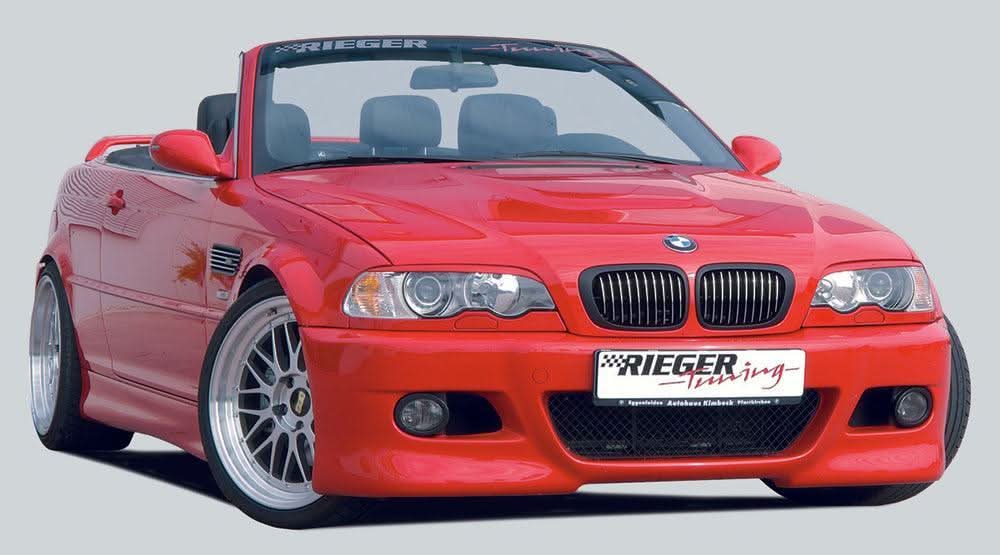 K2 Industries BMW E46 pre-facelift coupe and convertible front bumper, black plastic with mounting points and grille cutouts.