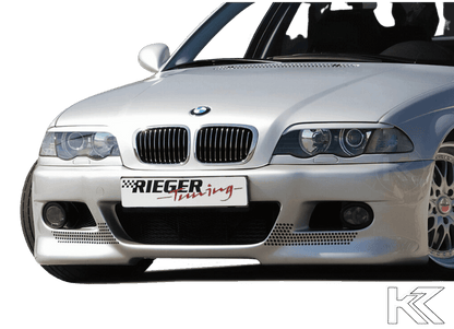 K2 Industries BMW E46 pre-facelift sedan/touring front bumper Type 1, black plastic bumper with grille openings and mounting points.