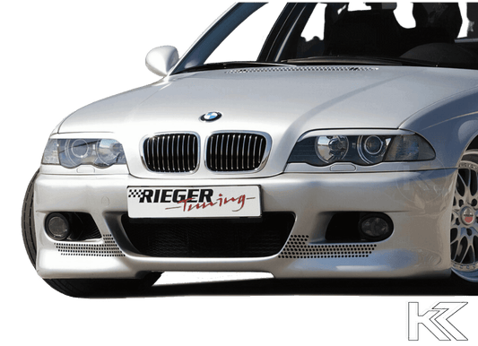 K2 Industries BMW E46 pre-facelift sedan/touring front bumper Type 1, black plastic bumper with grille openings and mounting points.