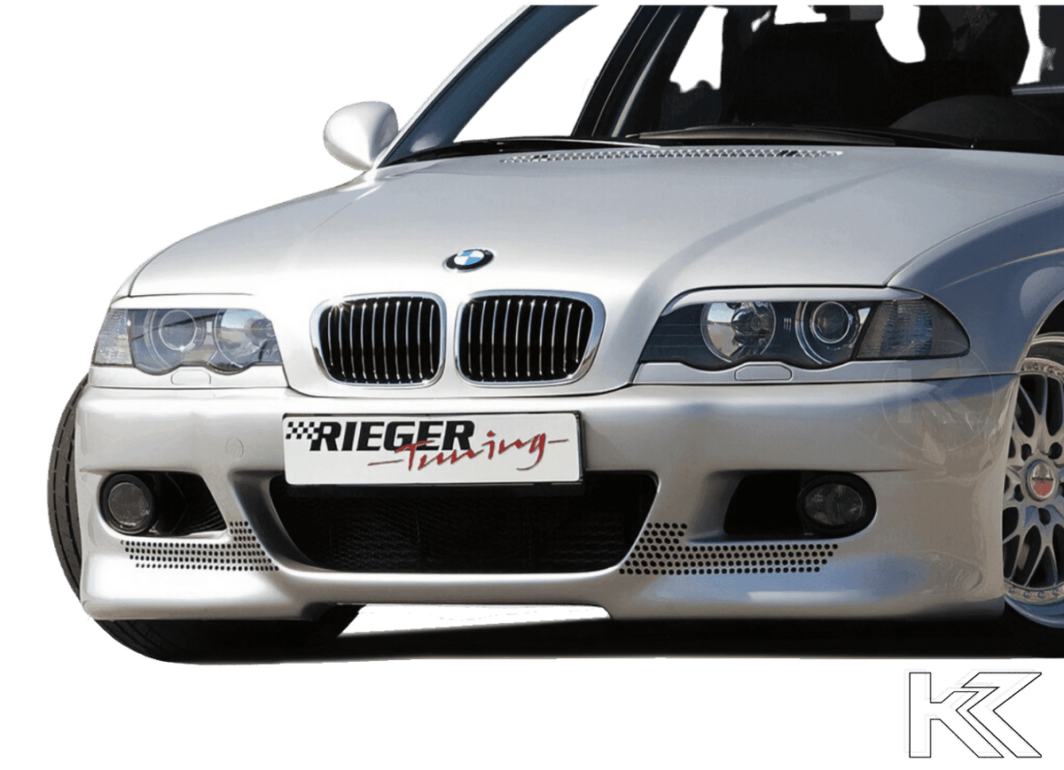 K2 Industries BMW E46 Sedan front bumper for coupe and convertible, Type 1, with sleek design and integrated grille.