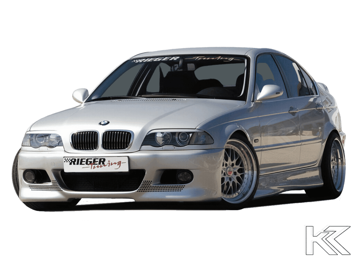 K2 Industries front bumper for BMW E46 Sedan, Coupe, Convertible Type 1, showing the sleek design and mounting points.