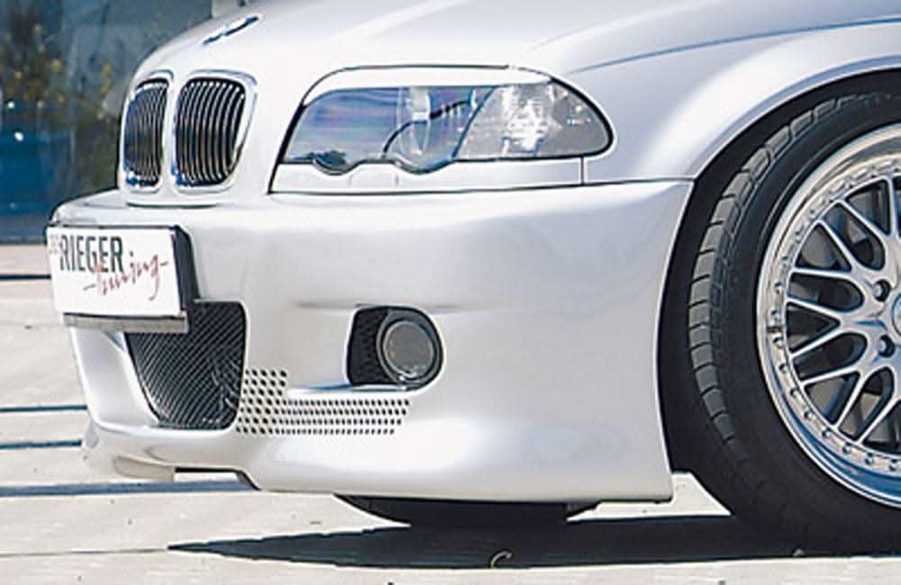 K2 Industries BMW E46 Sedan front bumper for coupe and convertible, Type 1, with sleek design and aerodynamic features.