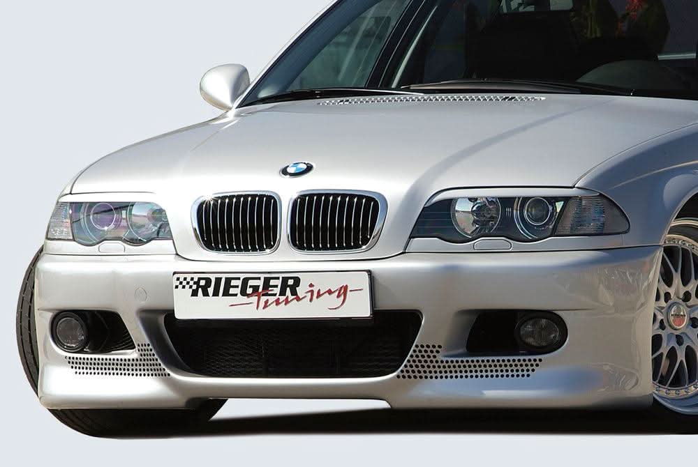 K2 Industries Rieger BMW E46 Sedan front bumper, Type 1, for coupe and convertible models, with integrated grille and sleek design.