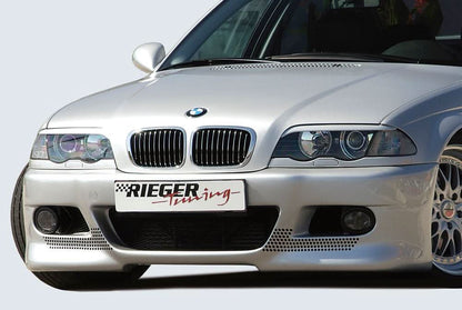 K2 Industries Rieger BMW E46 Sedan front bumper, Type 1, for coupe and convertible models, with integrated grille and sleek design.